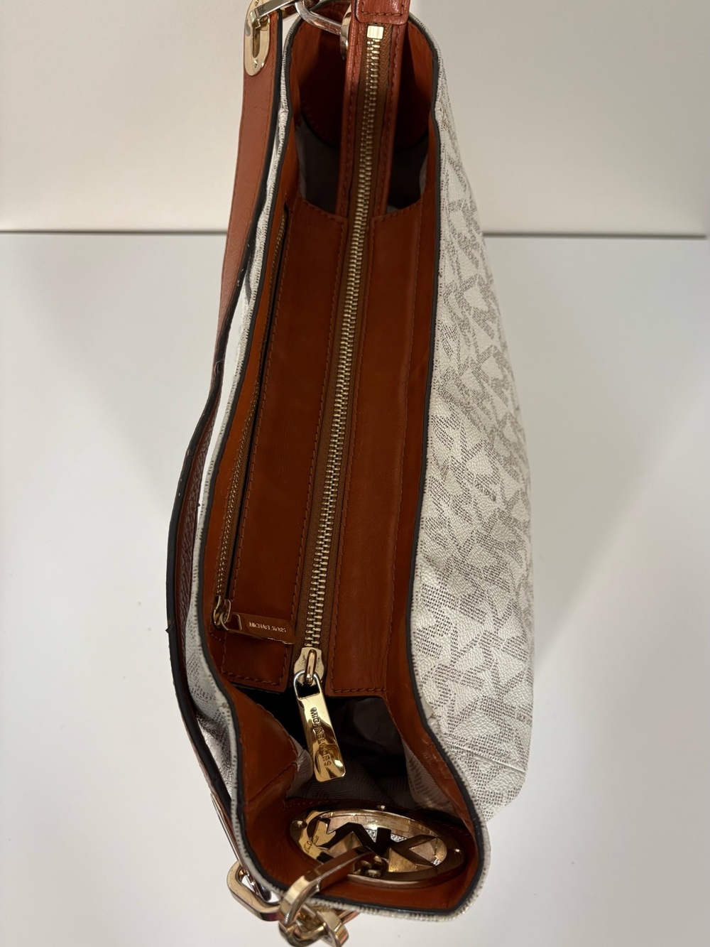 Michael Kors White Logo Canvas Hobo with Brown Leather Strap - Picture 8 of 13